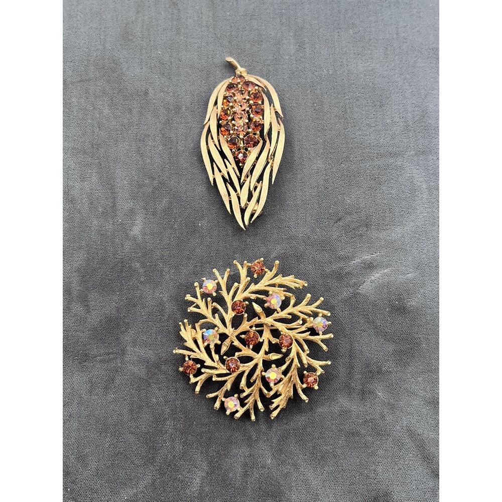 VTG Usner Brooch Pair Set Rhinestones Holiday Leaves Fall Winter